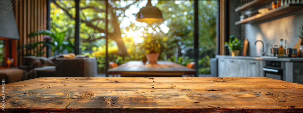 Blurred beautiful wood tabletop counter and blurred modern kitchen with access to a terrace with trees interior background in clean and bright. Banner, ready for product mounting. Blurred beautiful wood tabletop counter and blurred modern kitchen with access to a terrace with trees interior background in clean and bright. Banner, ready for product mounting.