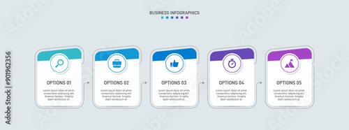 Horizontal progress bar featuring 5 arrow-shaped elements, symbolizing the five stages of business strategy and progression. Clean timeline infographic design template. Vector for presentation