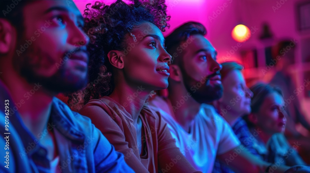 Diverse group watching movie in neon light at home Diverse group watching movie in neon light at home