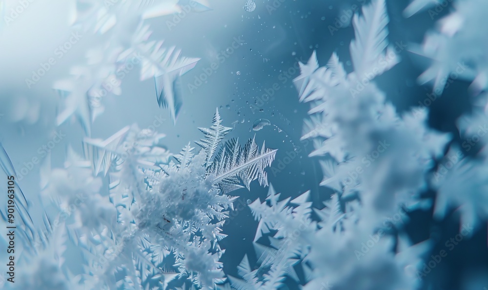 Obraz premium Macro photograph of frost patterns on windowpane, highlighting natural ice formations and crystalline textures