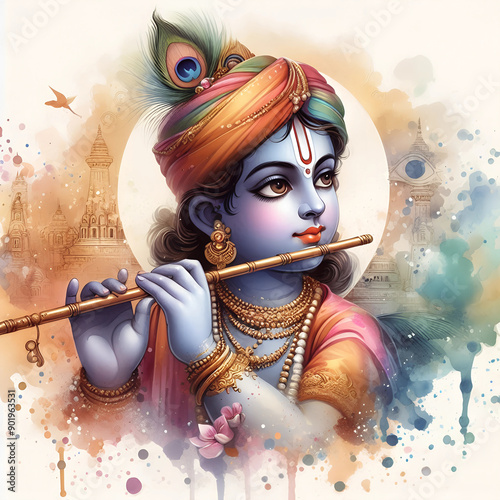 Watercolor Lord Krishna image background photo