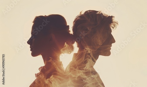 man and woman, silhouettes, back to back, double exposition