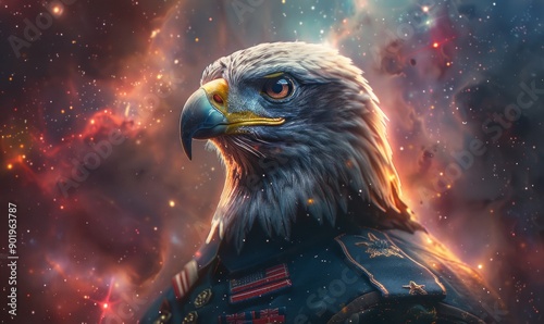 male anthropomorphic eagle in military uniform, space background, bokeh photo