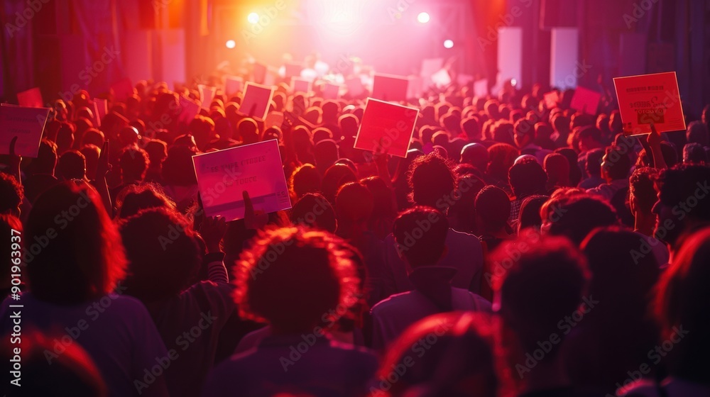 Crowd cheering and holding signs at night political campaign event Crowd cheering and holding signs at night political campaign event