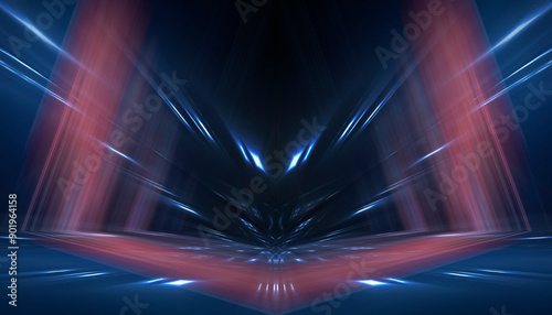 Abstraction with rays and neon. Futuristic empty stage.
