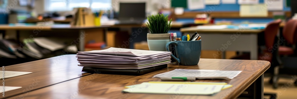 A desk with a pile of papers and a mug of coffee. The desk is in a classroom setting A desk with a pile of papers and a mug of coffee. The desk is in a classroom setting