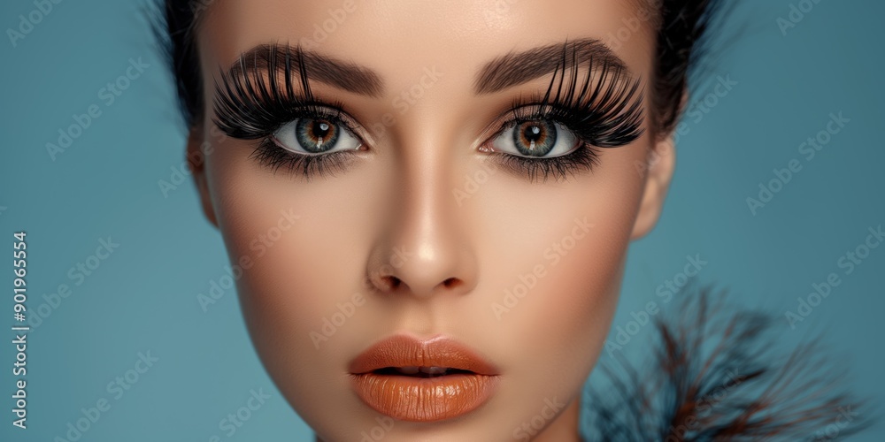 A woman with long lashes and a bright orange lip color. Concept of confidence and boldness A woman with long lashes and a bright orange lip color. Concept of confidence and boldness