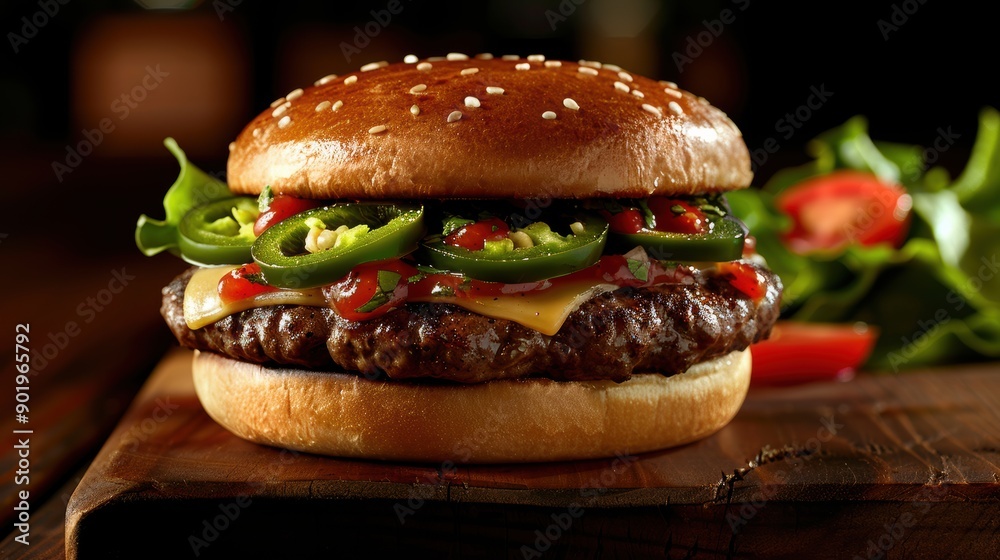 Delicious homemade burger with fresh ingredients on a rustic wooden board Delicious homemade burger with fresh ingredients on a rustic wooden board