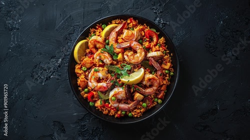 Delicious Shrimp Paella With Fresh Vegetables And Lemon Slices
