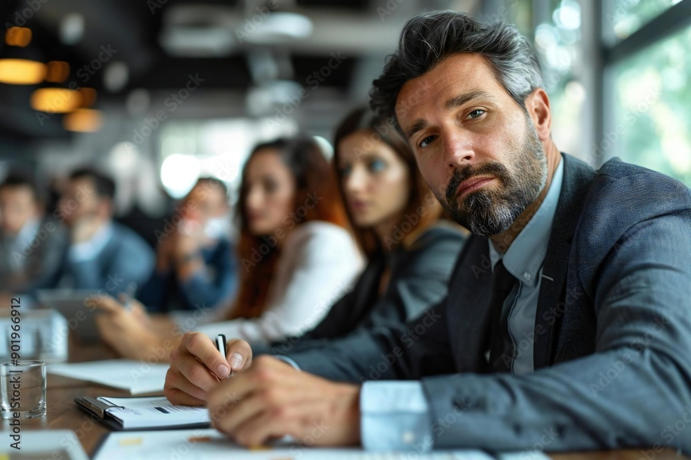 Businessman addressing sales targets to unengaged and drowsy team members during meeting Businessman addressing sales targets to unengaged and drowsy team members during meeting