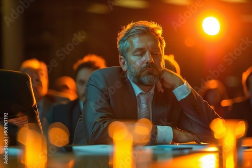 Title: Exhausted and Dull Businessman Dozing Off During Presentation