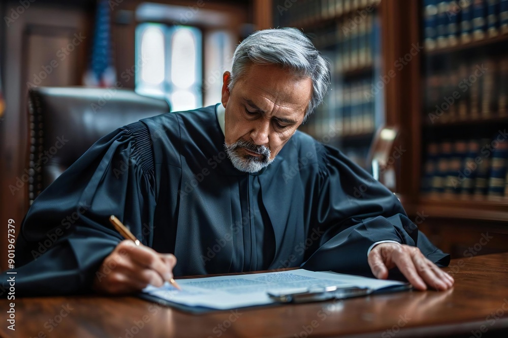 Male Judge Writing on Paper in Courtroom: A Detailed Close-up Male Judge Writing on Paper in Courtroom: A Detailed Close-up