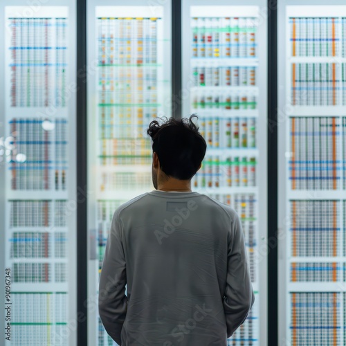 Young Man Analyzing Colorful Data Charts in Modern Office Space at Dusk