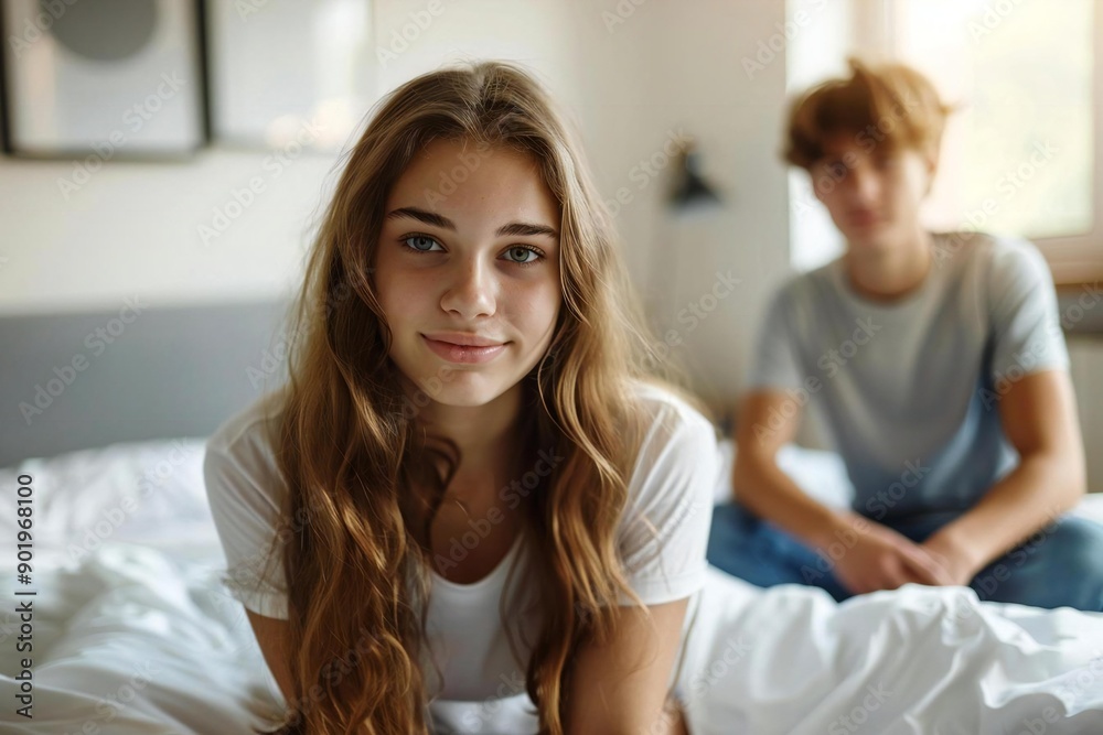 Title: Upset Woman Seated on Bed Facing Young Man Title: Upset Woman Seated on Bed Facing Young Man