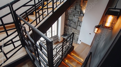 Modern staircase with geometric metal railings 