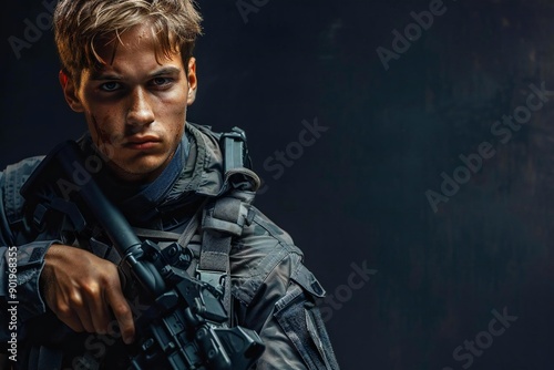 Black Background Portrait: Young Man Poses with Gun