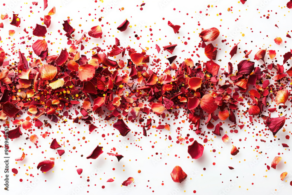 Fototapeta premium Close-up of vibrant red chili flakes in isolated on transparent and white background 