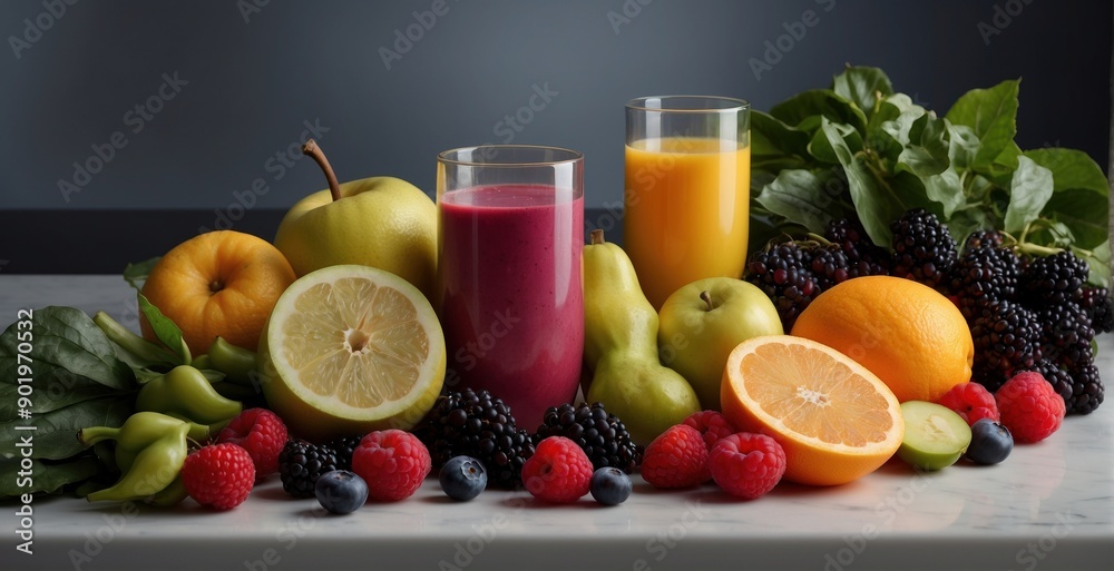 Display of a variety of ripe and juicy fruits and vegetables including tropical pineapples, bananas, etc. All arranged against a soft grey background. Health related theme Display of a variety of ripe and juicy fruits and vegetables including tropical pineapples, bananas, etc. All arranged against a soft grey background. Health related theme