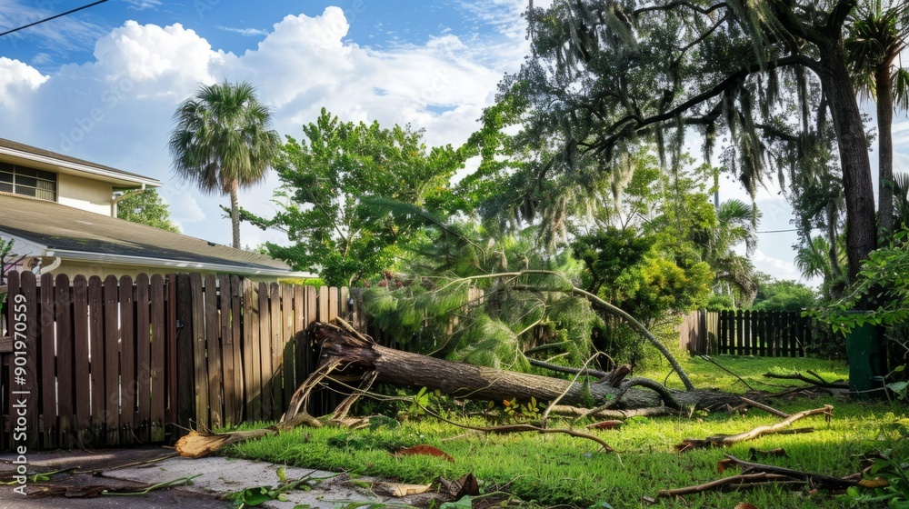 A fallen tree in a yard with a fence in the background A fallen tree in a yard with a fence in the background