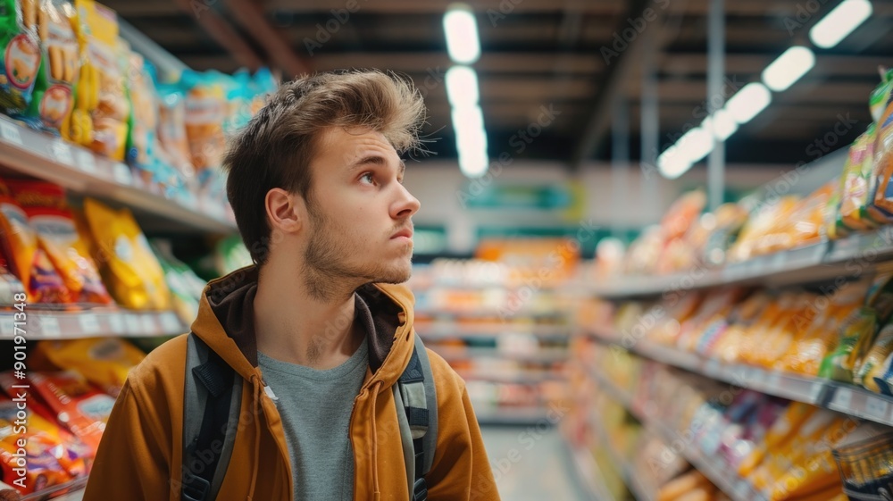 Young man in a supermarket aisle, attentively browsing shelves of products Young man in a supermarket aisle, attentively browsing shelves of products
