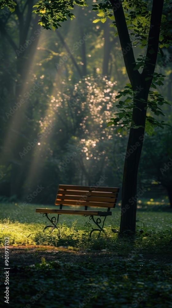 Empty bench bathing in golden morning light in a peaceful park Empty bench bathing in golden morning light in a peaceful park