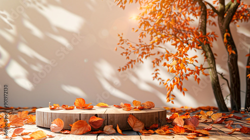 Wooden platform with brown leaves, autumn season photo