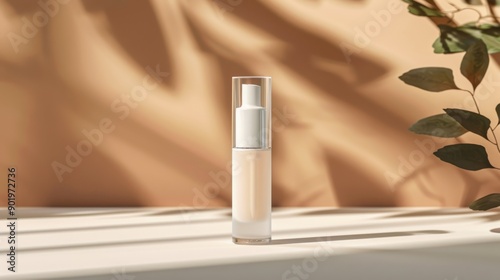 Foundation makeup bottle standing on white surface with leaf shadow