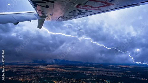 an airplane in the sky during a thunderstorm, an airplane wing, a view of the city from a height photo