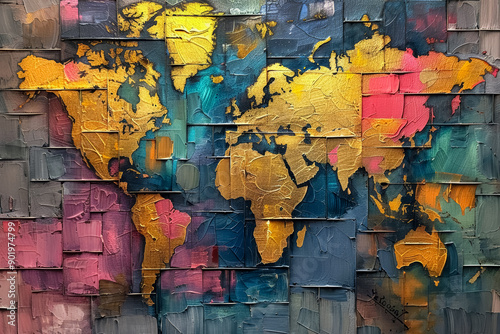 Gilded oil painted world map on square shapes abstract logistics background. Wallpaper cover design.	