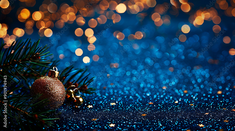 Obraz premium Blue holiday background with Christmas toys balls and shine glitter. New year design