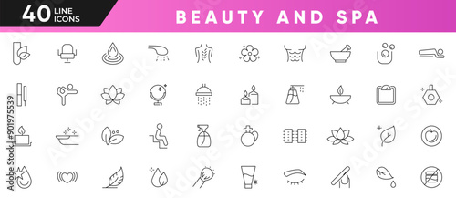 Beauty and spa line icons set. Massage, sauna, cosmetology, skincare, spa treatments, massage, hyaluronic acid, serum outline icon collection. Ui thin icons pack.