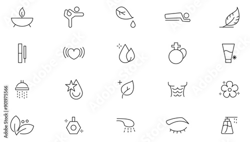 Beauty and spa line icons set. Massage, sauna, cosmetology, skincare, spa treatments, massage, hyaluronic acid, serum outline icon collection. Ui thin icons pack.