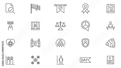 Human rights line icon set. Ordering, consciousness, regulation, social group, diversity, judge, communication, equality of rights, charity, and no war outline icon collection. UI thin icons pack
