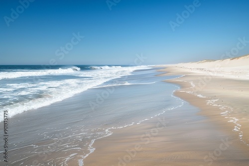 A beautiful day at the beach with stunning scenery, featuring clear blue skies, sparkling water, and pristine sand. Perfect for themes of relaxation, nature, and coastal beauty photo