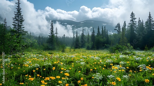 Lush meadow with Spruce trees Picea abies in Norway photo