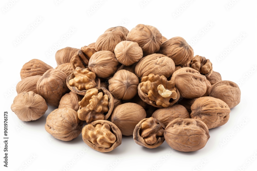A pile of walnuts with some of them open. The walnuts are all different sizes and shapes A pile of walnuts with some of them open. The walnuts are all different sizes and shapes