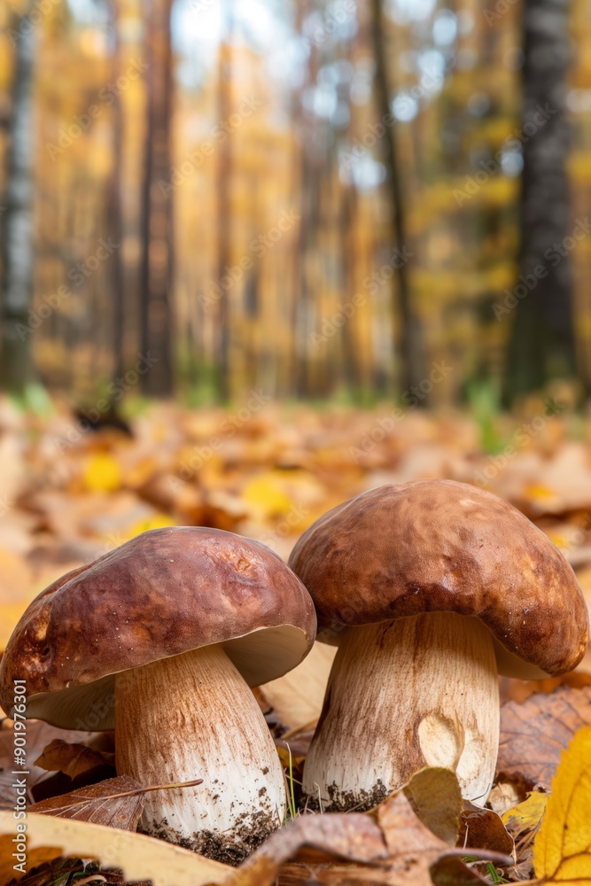 Two mushrooms are on the ground in a forest. The mushrooms are brown and white. The forest is full of leaves and trees Two mushrooms are on the ground in a forest. The mushrooms are brown and white. The forest is full of leaves and trees