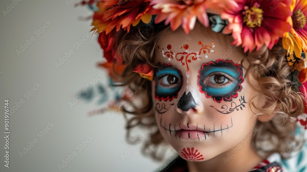Young child wearing traditional sugar skull makeup posing with flower crown Young child wearing traditional sugar skull makeup posing with flower crown