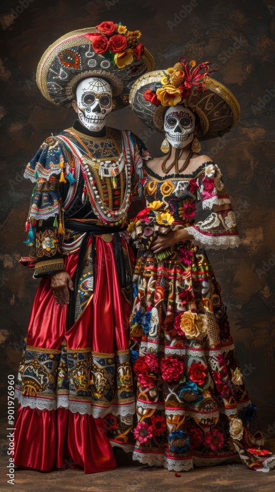 Couple wearing colorful costumes and skull masks posing for day of the dead celebration Couple wearing colorful costumes and skull masks posing for day of the dead celebration