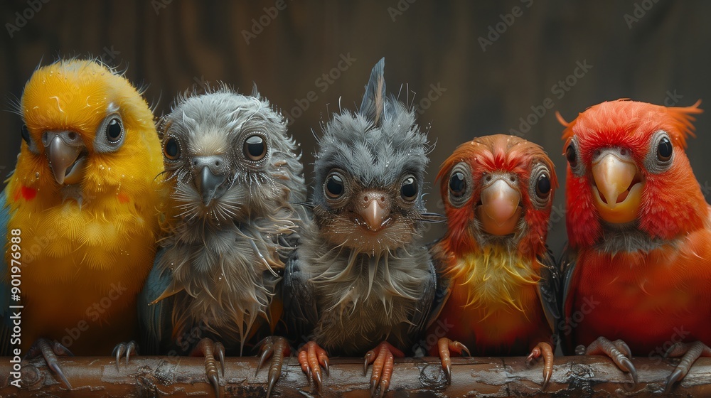 Colorful Young Birds Perched Together on a Branch in a Natural Setting Colorful Young Birds Perched Together on a Branch in a Natural Setting