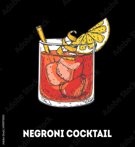 Negroni cocktail illustration. Hand drawn sketch. Vector illustration. Isolated object.