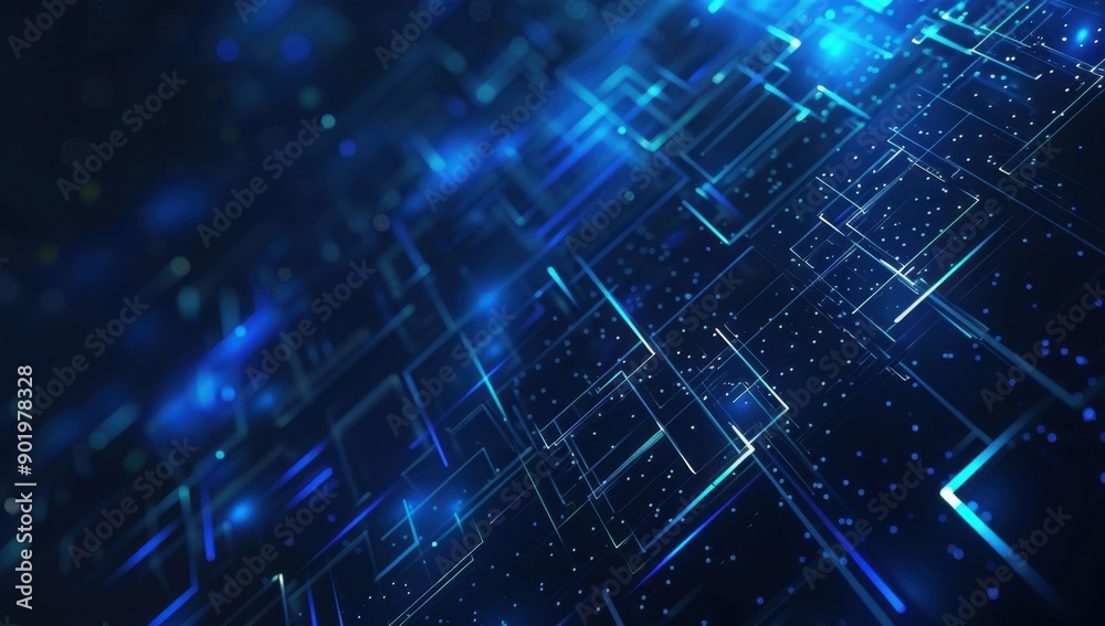 Fototapeta premium Abstract blue digital technology background with glowing geometric shapes and lines, dark color palette Generative AI