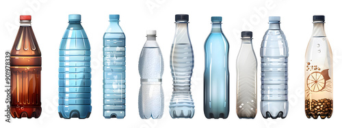 A set of different water bottles with plastic, glass and metal bottles isolated on a transparent background