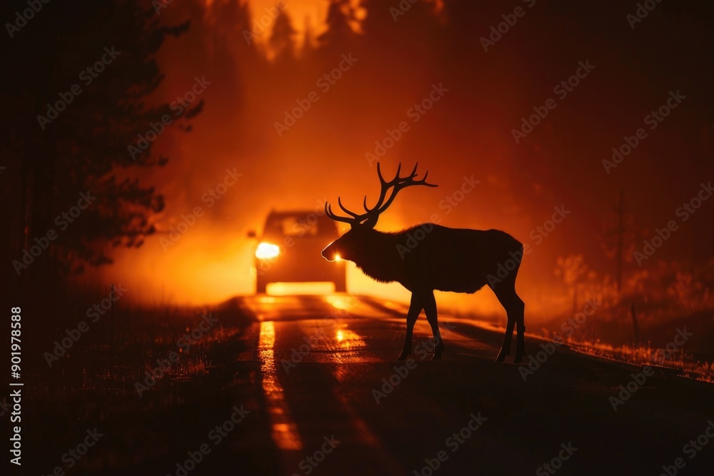 elk stands silhouetted against the red headlights of a car on a dark road at night, creating a dramatic atmosphere elk stands silhouetted against the red headlights of a car on a dark road at night, creating a dramatic atmosphere