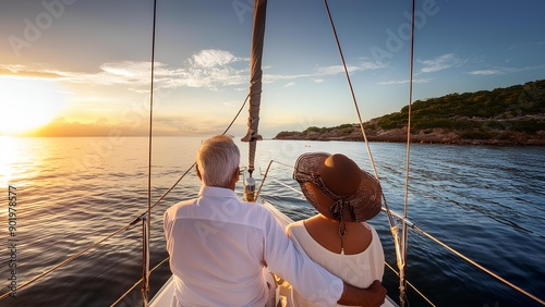 Mature man and woman sailing in boat. Beautiful elderly couple in yacht on sea at sunset.
