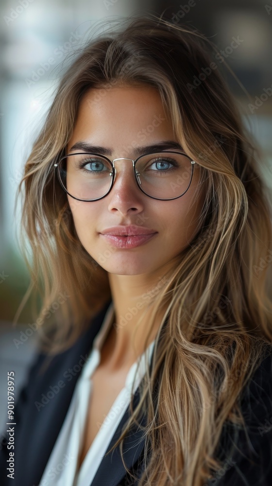 A woman with long brown hair and glasses is smiling for the camera A woman with long brown hair and glasses is smiling for the camera