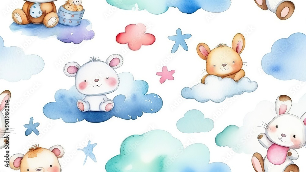 Seamless pattern with cartoon clouds, magical bunny bear toys and stars. Watercolor children's hand drawn illustration on white background for wallpaper, bed linen Seamless pattern with cartoon clouds, magical bunny bear toys and stars. Watercolor children's hand drawn illustration on white background for wallpaper, bed linen