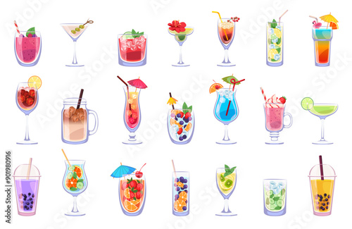 Summer fresh drinks. Fruit cocktails, cold beverages in various form glasses, ice cubes, soda and mint leaves, juices and lemonades, mojito and margarita. Tidy vector isolated set