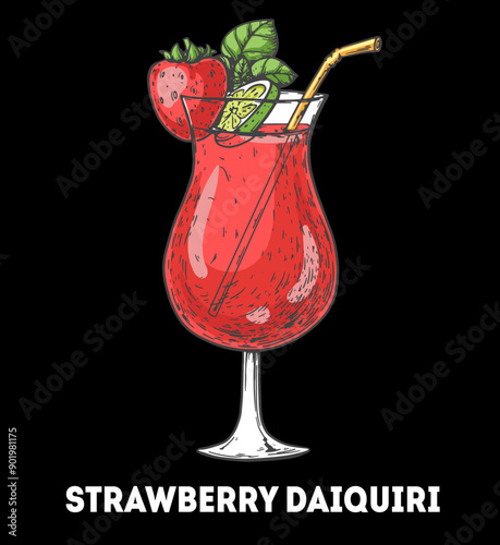 Strawberry daiquiri cocktail illustration. Hand drawn sketch. Vector illustration. Isolated object.