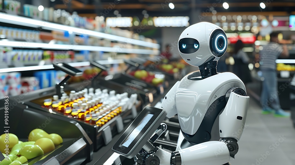 Robots in Retail Stores Handling Customer Orders Through Digital Terminals with Advanced Technology and Automation for Futuristic Shopping Experiences Robots in Retail Stores Handling Customer Orders Through Digital Terminals with Advanced Technology and Automation for Futuristic Shopping Experiences